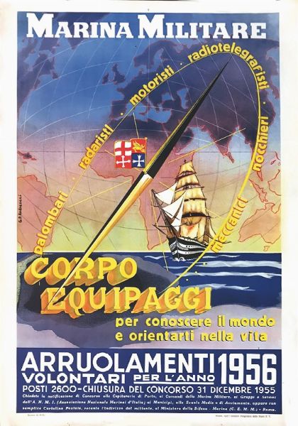 ACCADEMIA NAVALE / MARINA MILITARE, CONCORSO ALLIEVI UFFICIALI / CORPO EQUIPAGGI ARRUOLAMENTI 1956  - Auction Vintage Posters - Digital Auctions