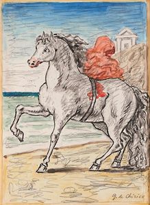 De Chirico Giorgio : Cavallo bianco con drappo rosso in riva al mare  - Asta 86 ASTA DI ARTE MODERNA E CONTEMPORANEA - Digital Auctions