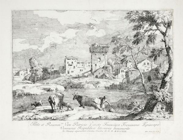 Paesaggio con armenti e villaggio con torre quadrata.  - Auction Graphics & Books - Digital Auctions