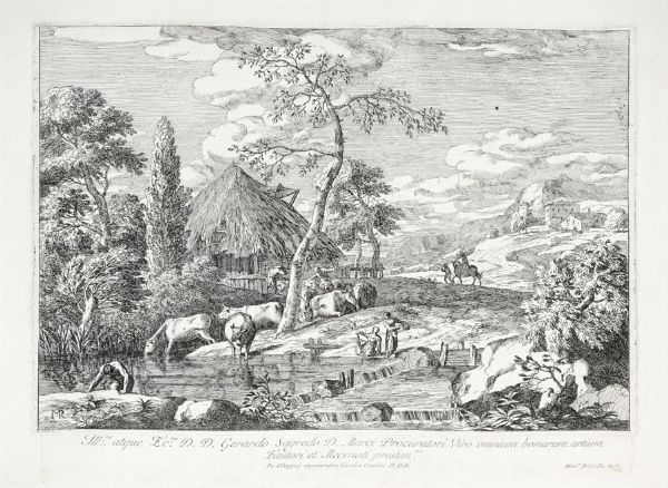 Paesaggio con armenti al fiume, lavandaia e capanna.  - Auction Graphics & Books - Digital Auctions