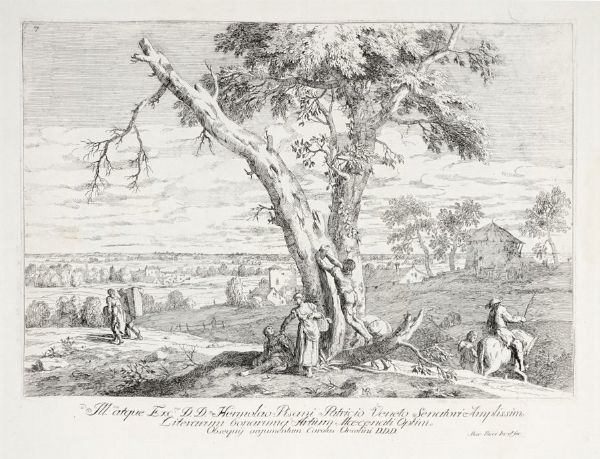 Paesaggio con contadini e ragazzo che si arrampica su un albero.  - Auction Graphics & Books - Digital Auctions