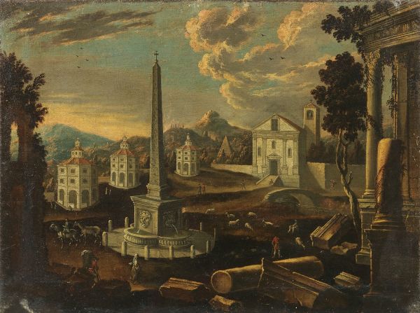Veduta ideale di citt con obelisco, piramide e rovine archeologiche  - Auction Important Old Masters Paintings - Digital Auctions