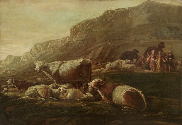 Paesaggio con armenti sullo sfondo, figure e cammelli  - Auction Important Old Masters Paintings - Digital Auctions