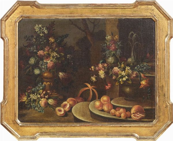 Natura morta con frutta, fiori e fontana e Natura morta con vaso rovesciato, pesci e fiori  - Auction Important Old Masters Paintings - Digital Auctions