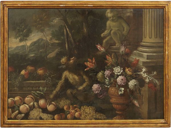 Natura morta con scimmia, putto, fiori e paesaggio  - Auction Important Old Masters Paintings - Digital Auctions