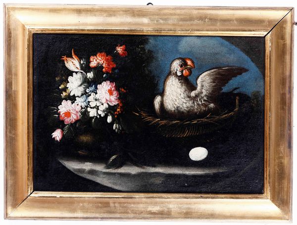 Scuola del XVIII secolo Nature morte con fiori e gallinacei  - Auction Old Masters - Digital Auctions
