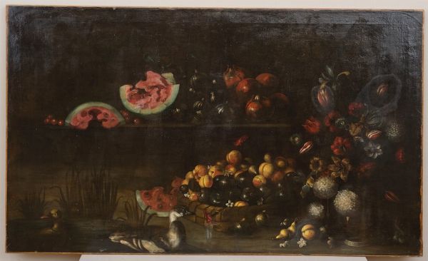 Scuola romana del XVII secolo Natura morta con fiori, anatre e angurie  - Auction Old Masters - Digital Auctions