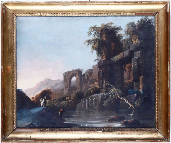 Scuola del XVIII-XIX secolo Paesaggio con rovine e pescatori  - Auction Old Masters - Digital Auctions