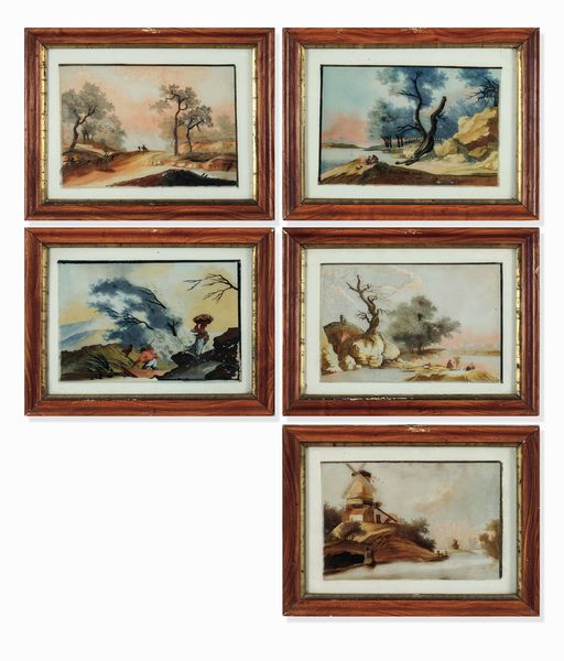 Cinque paesaggi agresti Arte veneta del XVIII-XIX secolo Dipinti su vetro entro cornici in legno modanato  - Auction Old Masters - Digital Auctions