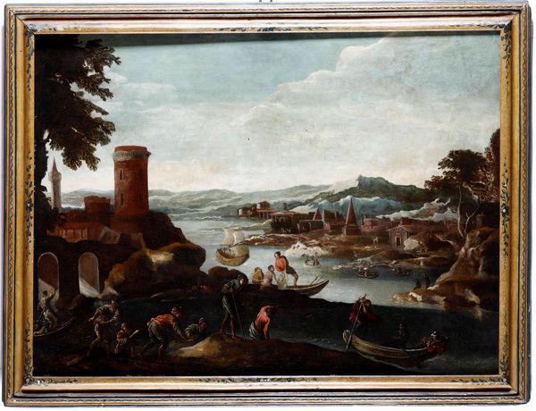 Scuola del XVIII secolo Veduta di porto con imbarcazioni  - Auction Old Masters - Digital Auctions