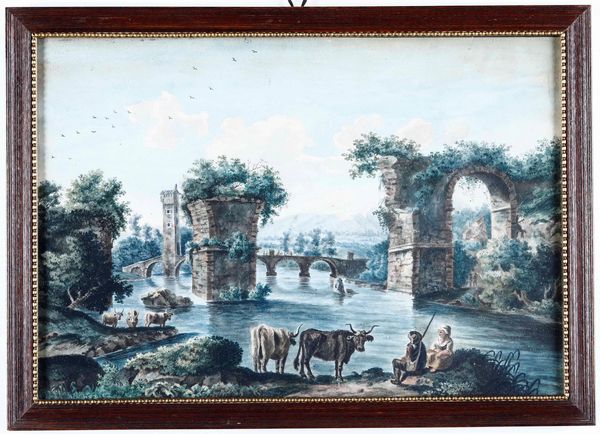 Anonimo del XVIII secolo Paesaggio con rovine, pastori e armenti  - Auction Old Masters - Digital Auctions