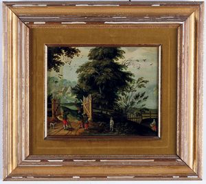 Scuola fiamminga del XVIII secolo Veduta di villaggio con viandanti e contadini  - Auction Old Masters - Digital Auctions
