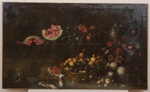 Scuola romana del XVII secolo Natura morta con fiori, anatre e angurie  - Auction Old Masters - Digital Auctions