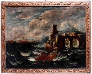 Scuola del XVIII secolo Paesaggio costiero con naufragio  - Auction Old Masters - Digital Auctions