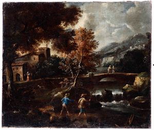 Scuola della fine XVIII secolo Paesaggio con pescatori e viandanti  - Auction Old Masters - Digital Auctions