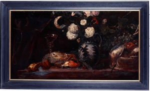 Scuola del XVIII secolo Natura morta con vaso di fiori e cacciagione  - Auction Old Masters - Digital Auctions