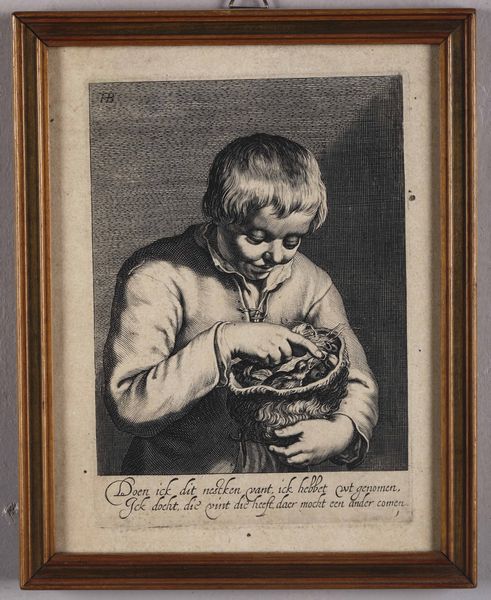 Incisione fiamminga siglata FB raffigurante un bambino che contempla un nido di uccellini, XIX secolo  - Auction Antiques | Cambi Time - Digital Auctions