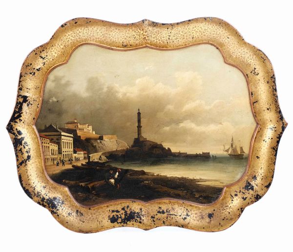 Vassoio dipinto raffigurante veduta di Genova con la lanterna. XIX secolo  - Asta Antiquariato | Cambi Time - Digital Auctions